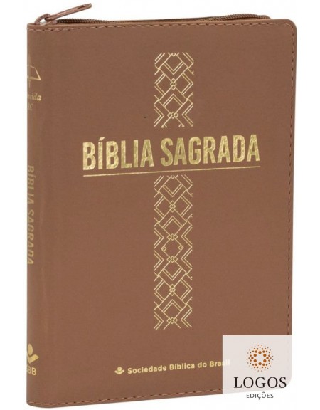 Bíblia Sagrada - linha ouro - cruz -com capa em couro sintético, fecho de correr e índice digital - caramelo. 7899938420119