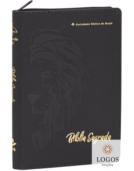 Bíblia Sagrada - linha ouro - leão - com capa em couro sintético, fecho de correr e índice digital - preto. 7899938420140