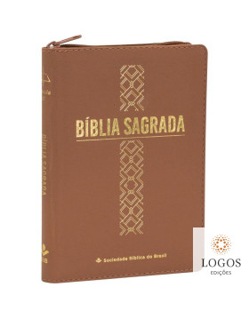 Bíblia Sagrada - linha ouro - cruz -com capa em couro sintético, fecho de correr e índice digital - caramelo. 7899938420119