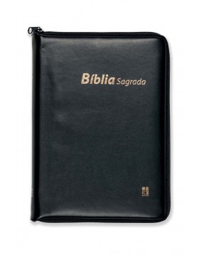 Bíblia com capa em couro sintético, fecho de correr e índice digital - preta