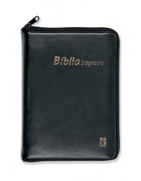 Bíblia com capa em couro sintético, fecho de correr e índice digital - preta